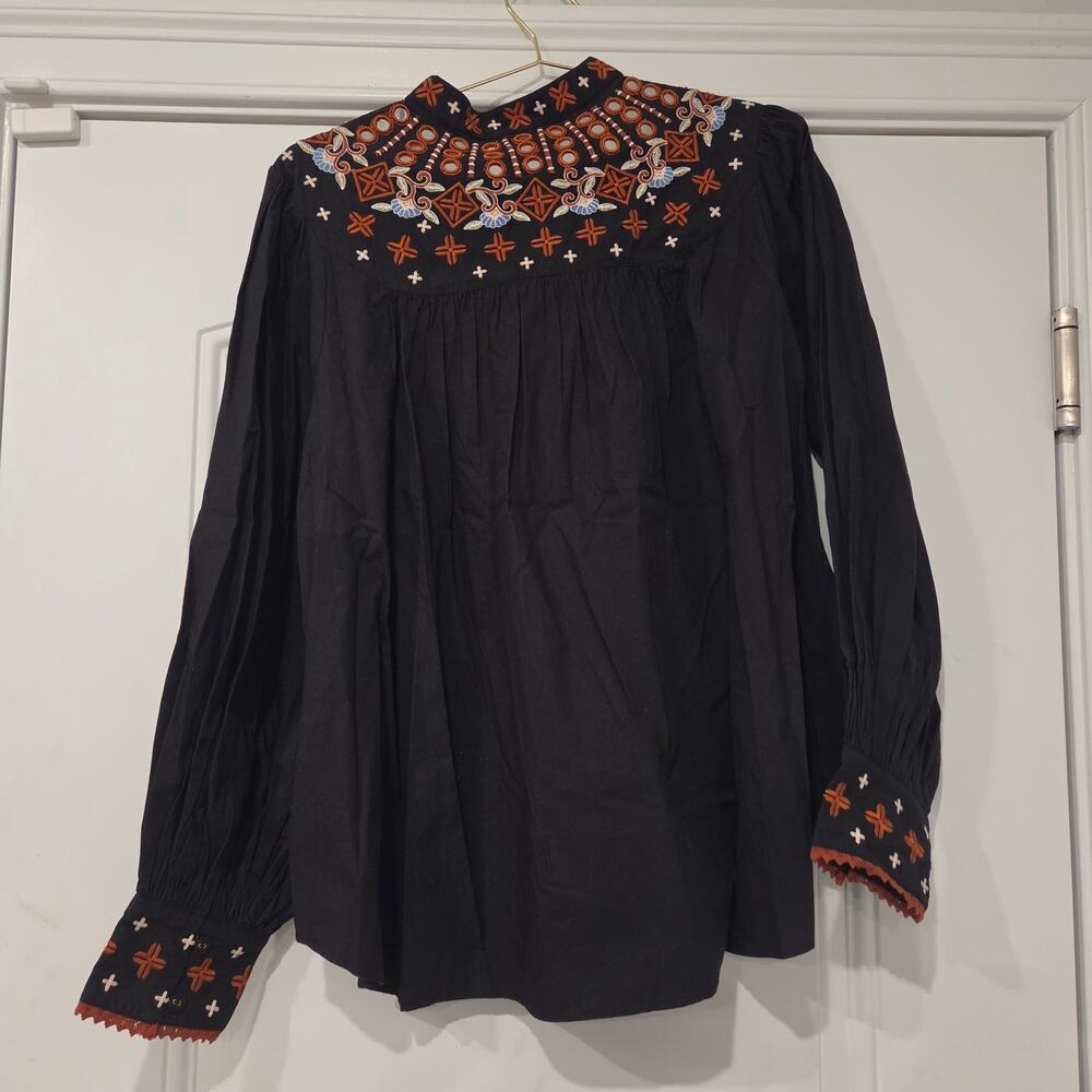 Farm Rio Embroidered cotton button front black blouse size XL - Picture 8 of 12